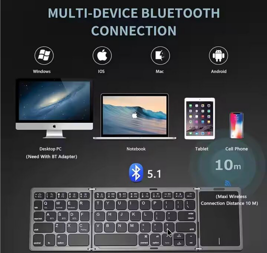 Foldable Keyboard with Touchpad Portable Wireless Bluetooth Keyboard Rechargeable Full Size Ultra Slim Pocket Folding Keyboard