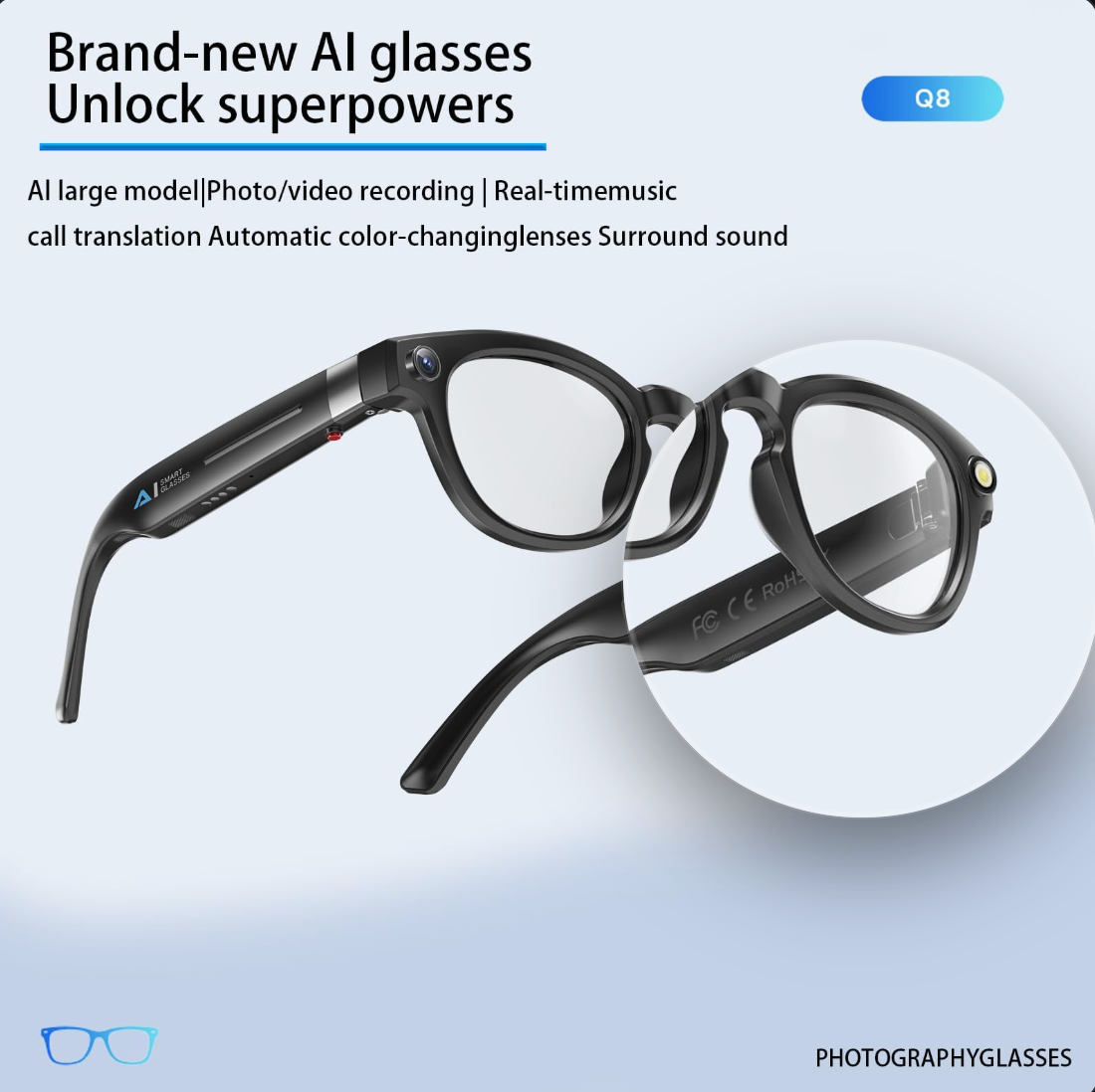 Smart Glasses AIMB-S1 M02  Smart Glasses Bluetooth Smart Eyewear with Interchangeable Lenses, Voice Control & Wire