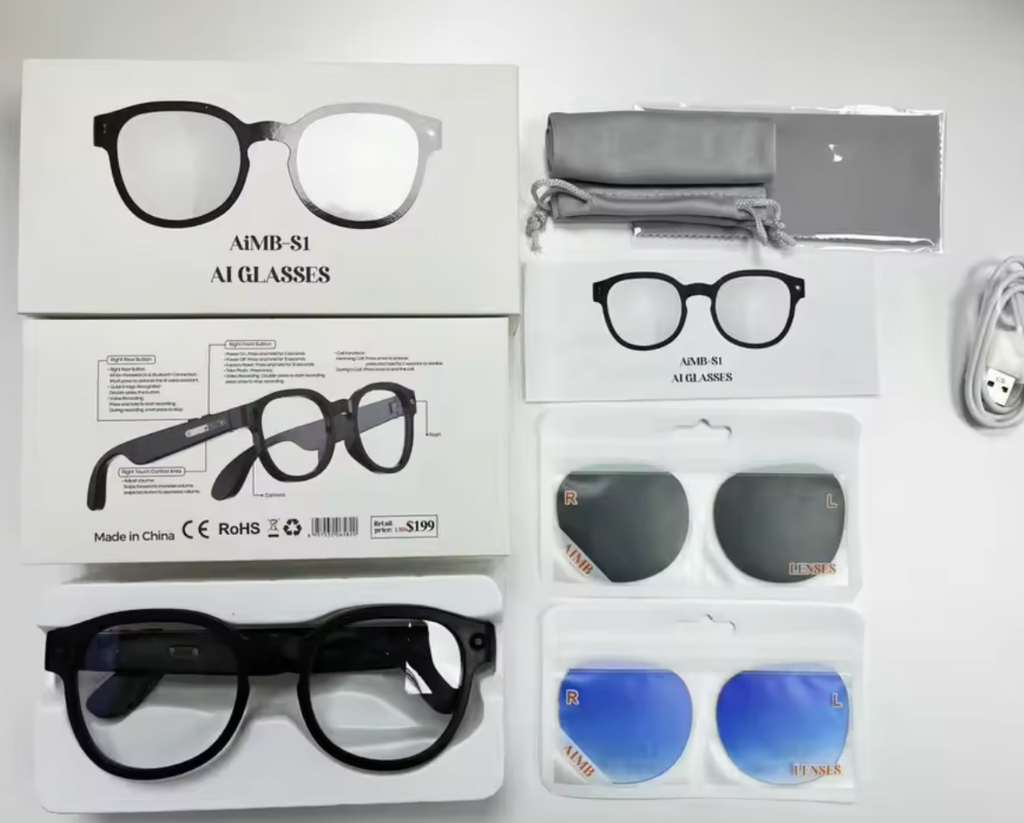 Smart Glasses AIMB-S1 M02  Smart Glasses Bluetooth Smart Eyewear with Interchangeable Lenses, Voice Control & Wire