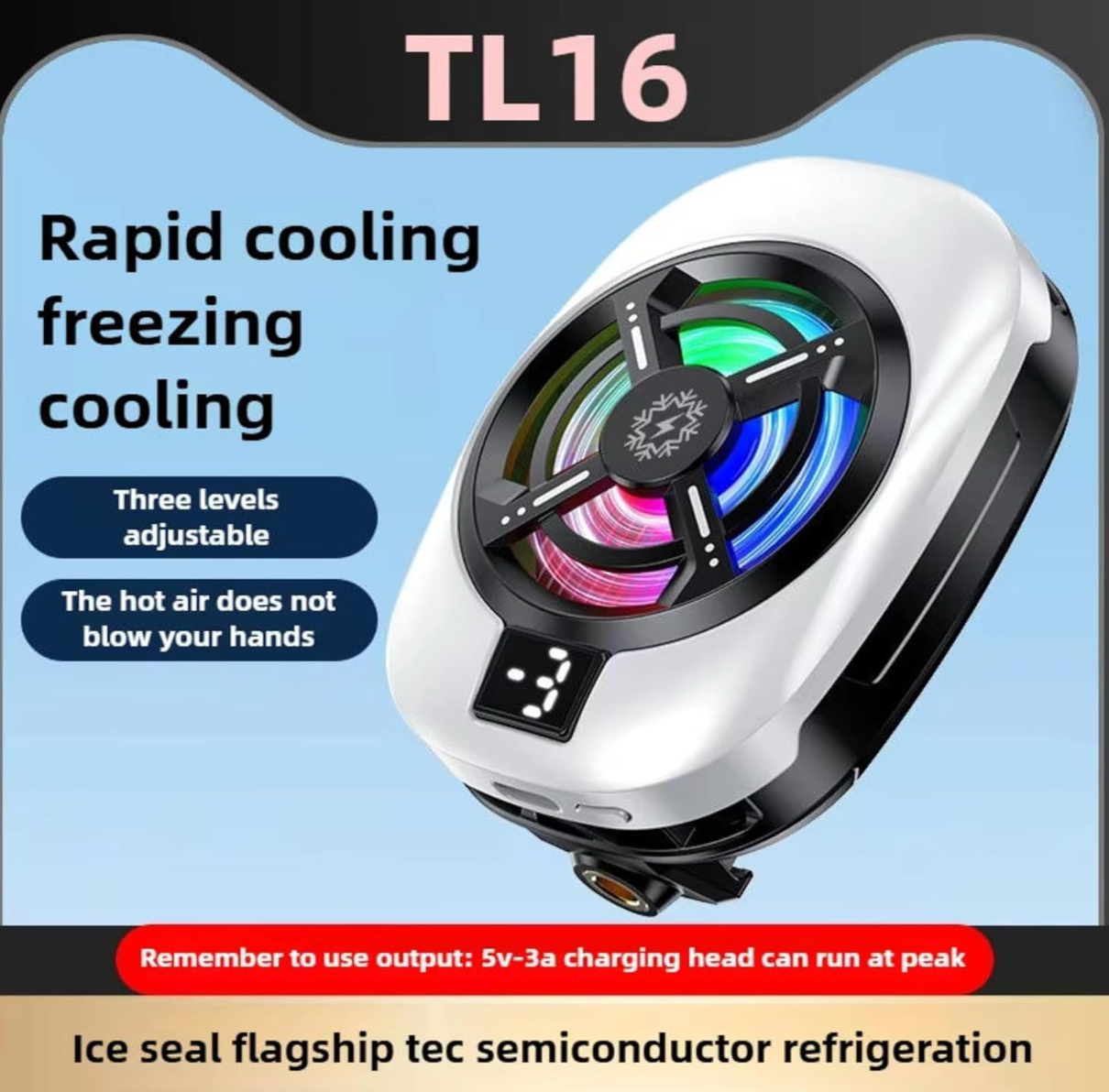 Instant Mobile Cooler with 1/4" Screw Hole, Mobile Cooler with 3 Cooling Modes, LCD Display, RGB Light, Semiconductor Technology Instant Gaming Cooling Fan for iOS and Android Phones (TL-16)