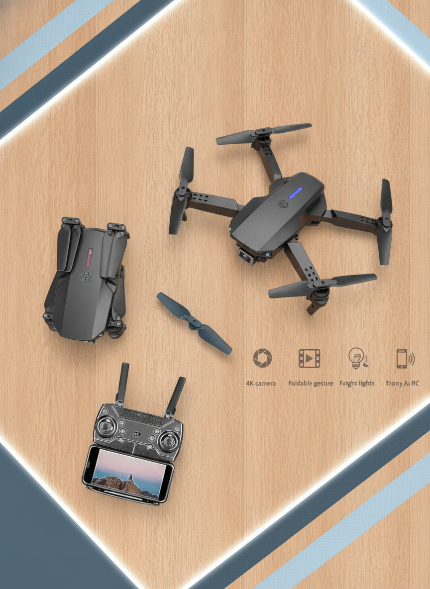 Flat-lay of the E88 Pro Dual Camera Foldable Drone Pro, folded, with its dual cameras visible, on a warm background with blue