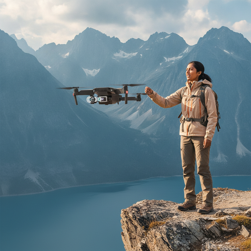 A person launches an E88 Pro Dual Camera Foldable Drone Pro from a cliff overlooking mountains and a lake.